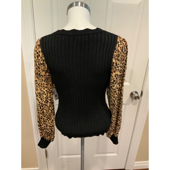 Current Air Black Sweater W/Brown Animal Print Puff Sleeves Size Small, NWT! - Picture 5 of 6